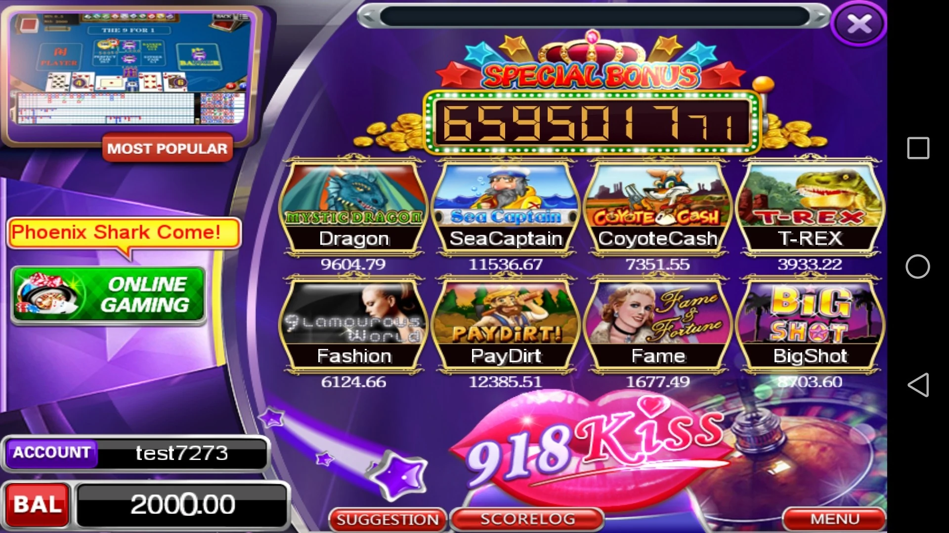 Lobi permainan 918Kiss memaparkan petak Sea Captain, Coyote Cash, T-Rex dan PayDirt bersama kawalan akaun dan menu